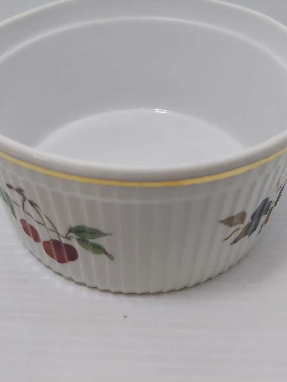 Royal Worcester Evesham White Porcelain Souffle Dish with Green and Gold Accents